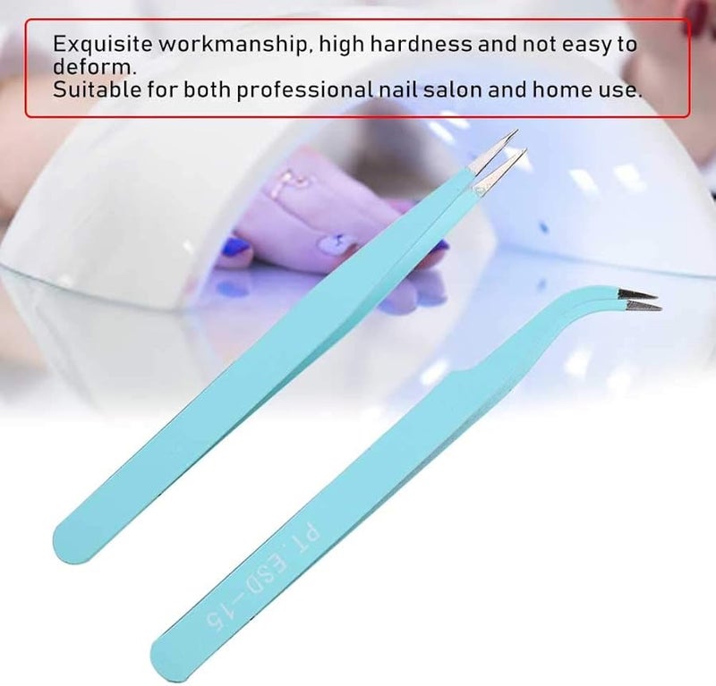 Professional Manicure Tweezers Stainless Steel Straight Curved Head Rhinestone Pickup Blue 2Pcs - Image 3